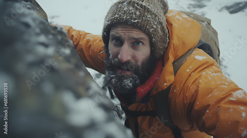 Close up ice mountain climbing. Concepts: determination, courage, effort, self-realization.