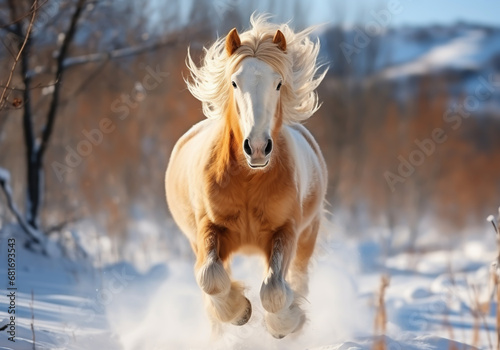 Horse galloping gracefully in the snow. Winter time. AI generated