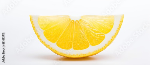 In a stunning photograph, a macro shot captures a ripe, yellow lemon slice, isolated on a white background, showcasing its sour, citrus flavor and organic, healthy qualities. photo