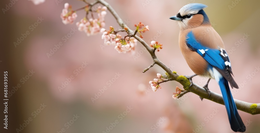 Obraz premium Jay bird on a branch in spring. 