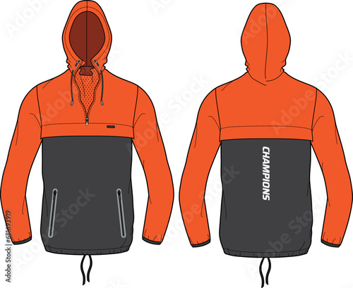 Cagoule Anorak Hoodie jacket design flat sketch Illustration, Hiking Hooded utility jacket with front and back view, winter jacket for Men and women. for running, outerwear and workout in winter
