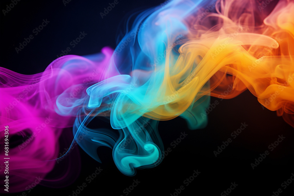 Creative Vibrant Smoke Swirls in Blue, Pink, and Yellow Hues Against a black background. Ai generated Creative Vibrant Smoke Swirls in Blue, Pink, and Yellow Hues Against a black background. Ai generated