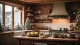 Cozy village kitchen with Christmas decor, new Year's mood, preparing for the holiday, utensils. Merry Christmas and Happy New Year greeting card, home warmth