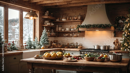 Cozy village kitchen with Christmas decor, new Year's mood, preparing for the holiday, utensils. Merry Christmas and Happy New Year greeting card, home warmth © Ольга Симонова