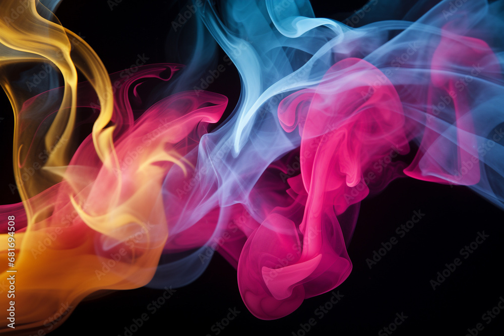 Creative Vibrant Smoke Swirls in Blue, Pink, and Yellow Hues Against a black background. Ai generated