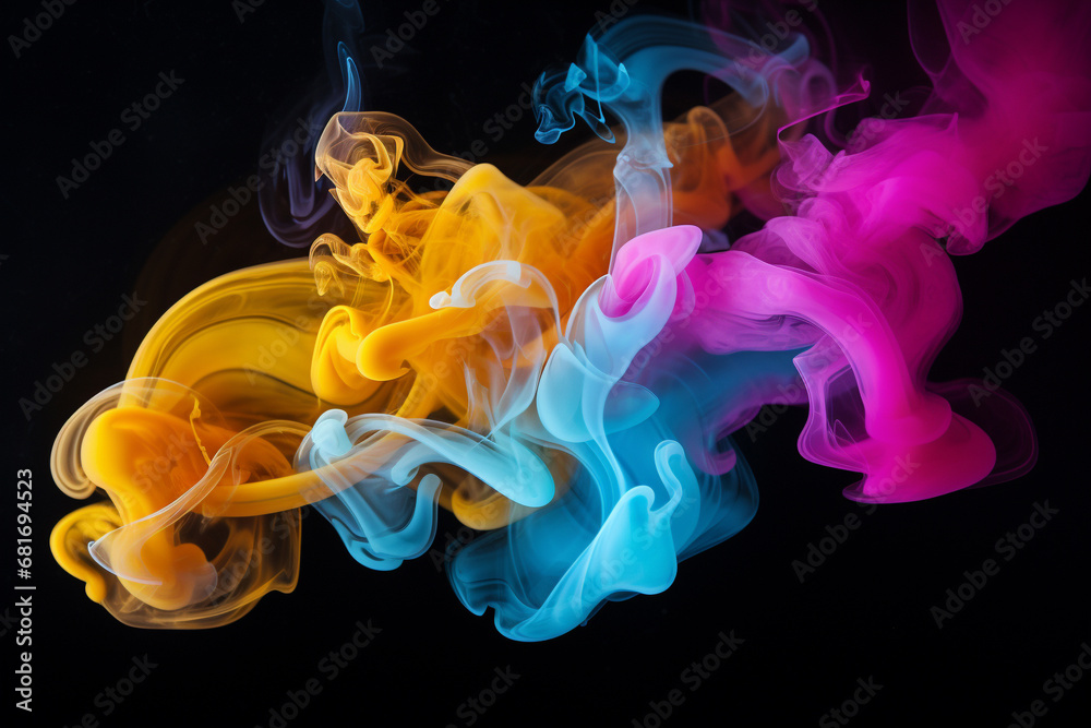 Fototapeta premium Creative Vibrant Smoke Swirls in Blue, Pink, and Yellow Hues Against a black background. Ai generated