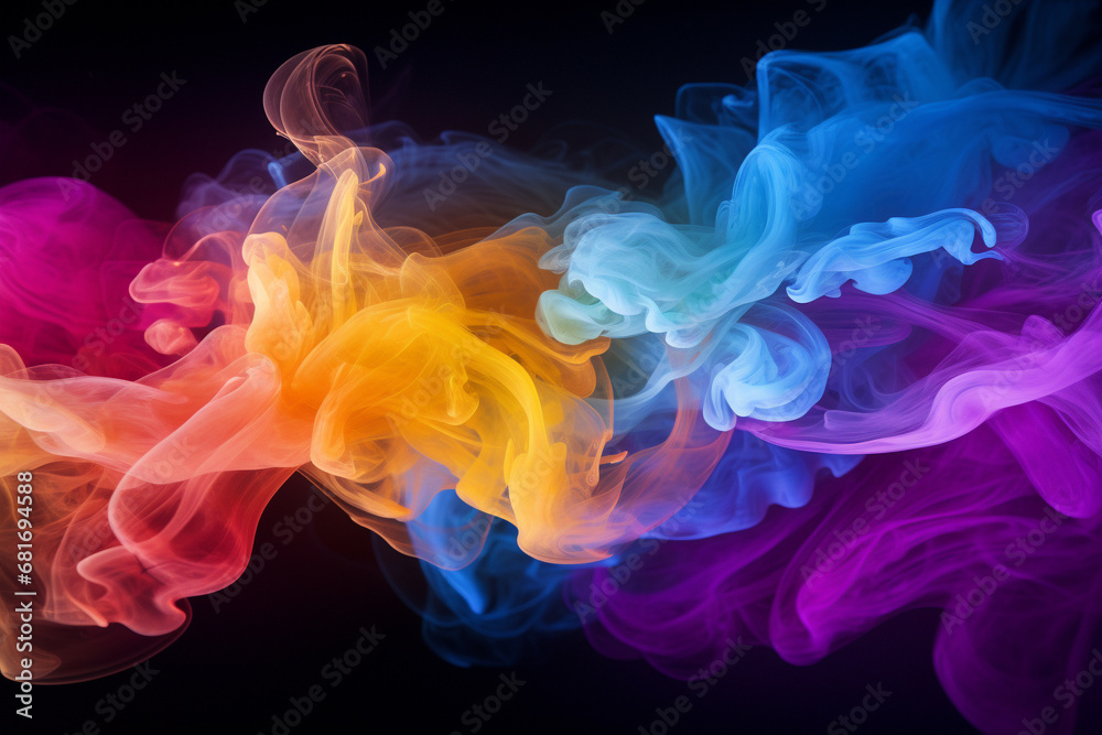 Creative Vibrant Smoke Swirls in Blue, Pink, and Yellow Hues Against a black background. Ai generated Creative Vibrant Smoke Swirls in Blue, Pink, and Yellow Hues Against a black background. Ai generated