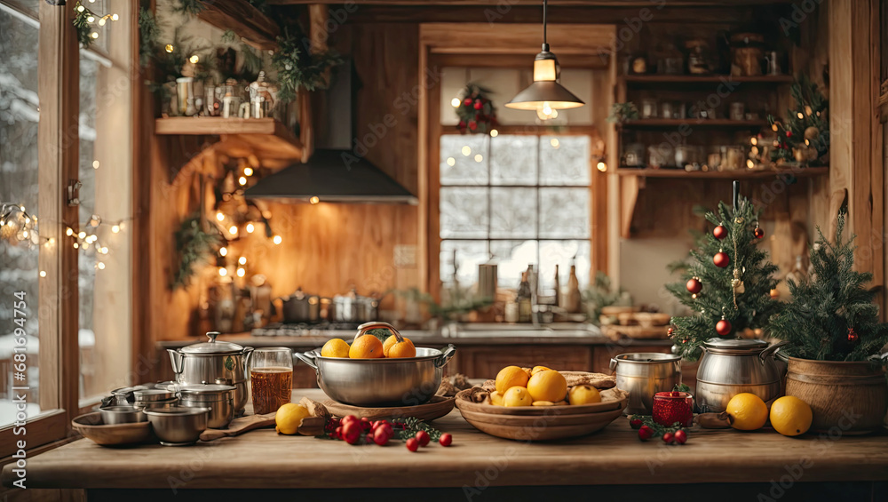 Cozy village kitchen with Christmas decor, new Year's mood, preparing for the holiday, utensils. Merry Christmas and Happy New Year greeting card, home warmth