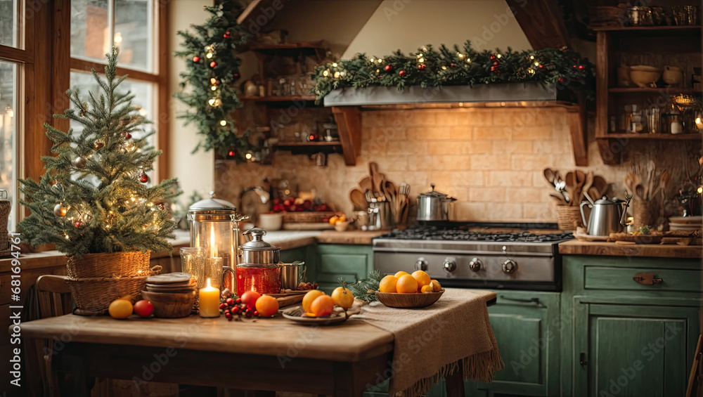 Cozy village kitchen with Christmas decor, new Year's mood, preparing for the holiday, utensils. Merry Christmas and Happy New Year greeting card, home warmth