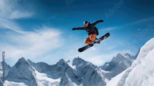 A snowboarder performing a stylish grab trick while riding down a mountain