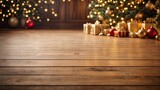 Empty wooden floor in brown and gold tones for product display with a wall in the interior of the room, with a Christmas decor. Copy space, Christmas and New Year. 