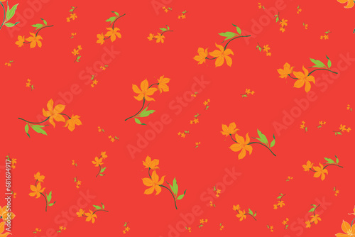 Illustration of lily flower with leaf on deep orange color background.