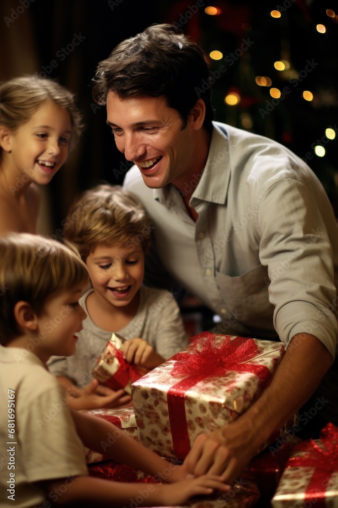 little boy opening pile of presents and smiling with excitement while his family looks on in delight little boy opening pile of presents and smiling with excitement while his family looks on in delight
