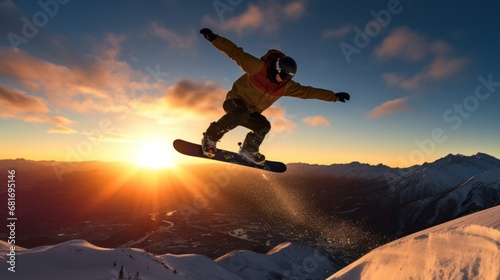 A snowboarder performing a backflip on a large jump, with the sun setting beh...