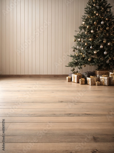 Empty wooden floor in neutral natural beige tones for product display with a wall in the interior of the room  with a Christmas decor. Copy space  Christmas and New Year