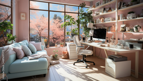 Modern, comfortable living room with bright window, elegant furniture, and plants generated by AI © djvstock