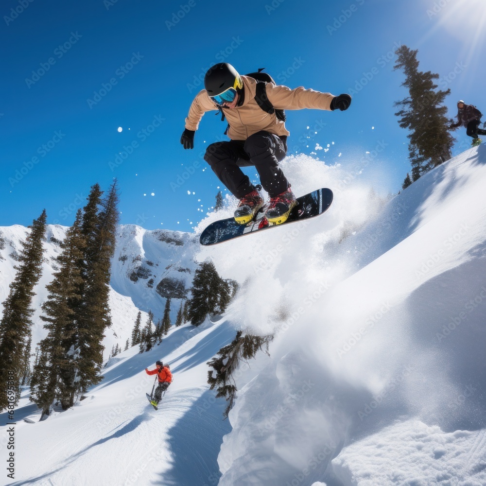 A snowboarder performing a stylish grab trick while riding down a mountain