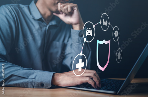 health, protection, assurance, asset, care, insurance, family, finance, investment, shield. typing keyboard with insurance and asset icons for retirement planning and life insurance protection.