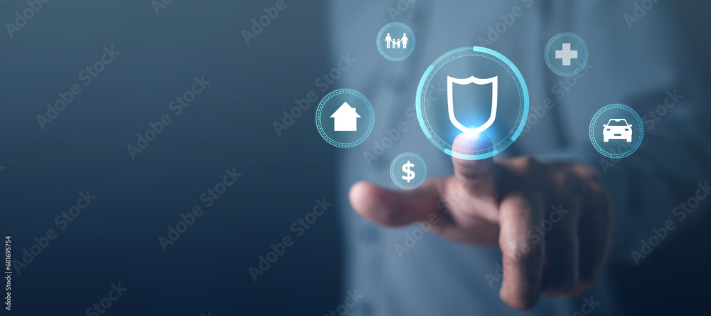 assurance, care, family, finance, health, insurance, investment, life, hospital, protection. touching shield hud with dollar and asset icons, exploring insurance and retire planning for future. - obrazy, fototapety, plakaty 