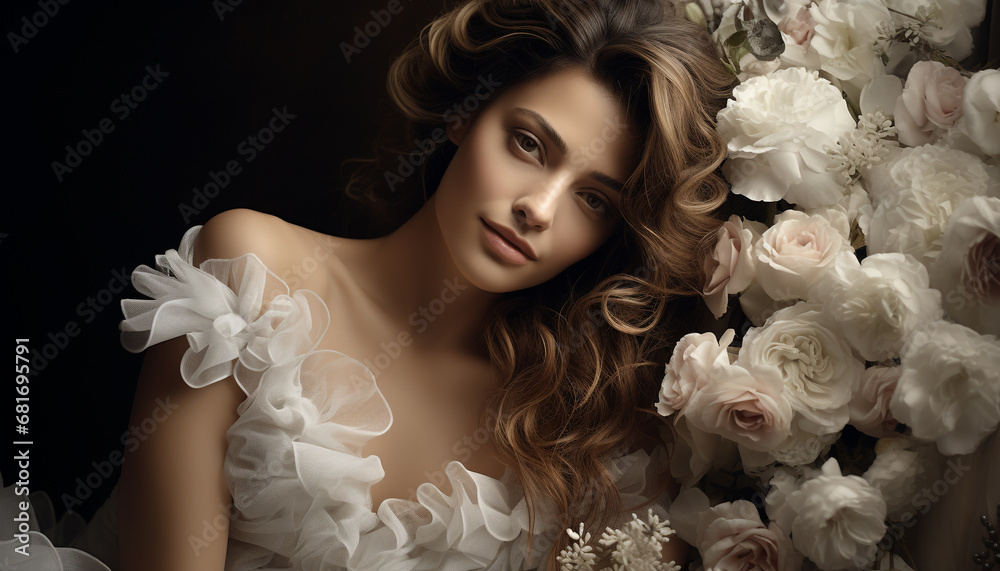 A beautiful bride with curly hair and a flower bouquet generated by AI