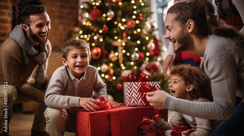 little boy opening pile of presents and smiling with excitement while his fam...