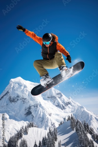 A snowboarder performing a stylish grab trick while riding down a mountain