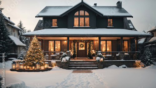 Wooden modern cozy house in Christmas decor and snow, Festive mood. Tourism, travel in winter, vacation on New Year, mini hotel, booking, insurance, mortgage, housing, rent, moving.