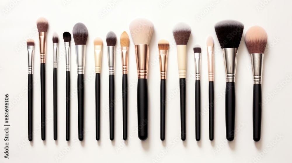 A set of makeup brushes and tools arranged artistically on a white background A set of makeup brushes and tools arranged artistically on a white background