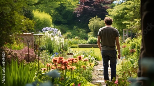 gardener admiring their garden, standing among blooming flowers and lush greenery