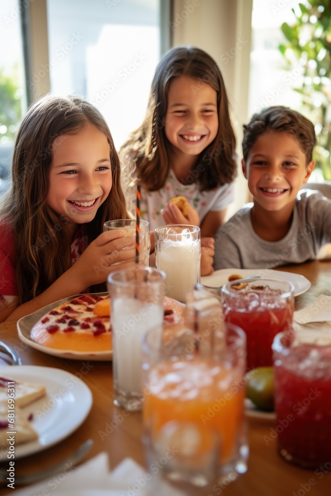 A group of kids gathered around a table, laughing and enjoying slices of cake and glasses of juice A group of kids gathered around a table, laughing and enjoying slices of cake and glasses of juice