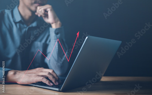 business, management, growth, strategy, finance, graph, investment, target, income, increase. one hand typing keyboard and another hand hold dollar icon hud. growth your business with technology.