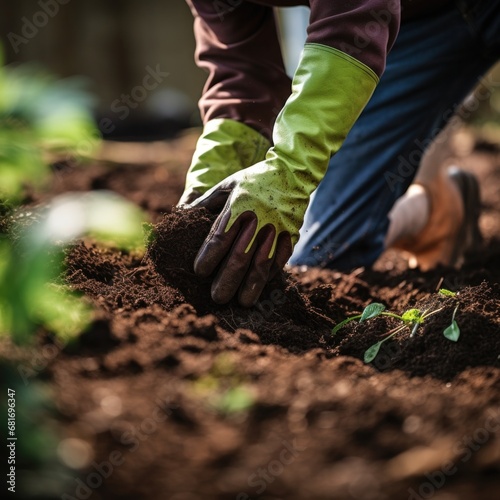 gardener using a trowel to plant a seedling in a pot with a vibrant, green background