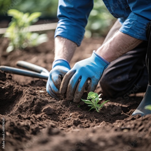 gardener using a trowel to plant a seedling in a pot with a vibrant, green ba...