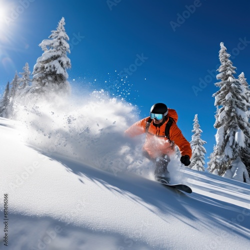 A snowboarder carving through a half-pipe, with a clear blue sky above