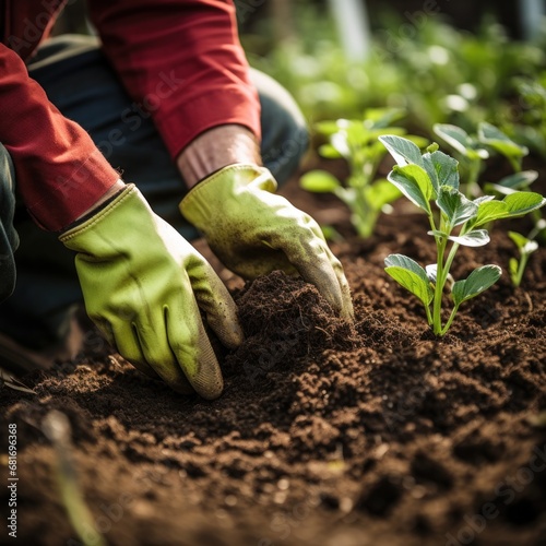 gardener using a trowel to plant a seedling in a pot with a vibrant, green ba...
