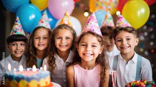 A group of smiling children wearing party hats and holding colorful balloons, with a birthday cake photo