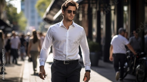 man wearing a crisp white shirt and tailored black pants, walking confidently...