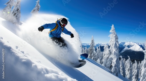 A snowboarder carving through a half-pipe, with a clear blue sky above
