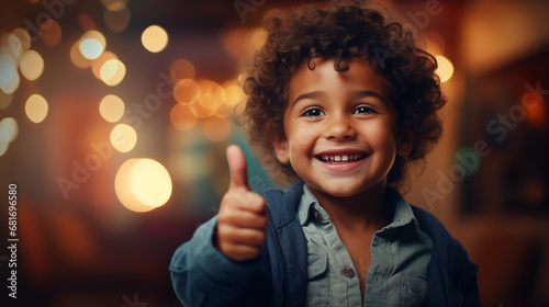 Image of a happy child with thumb up. The concept of good luck and good mood photo