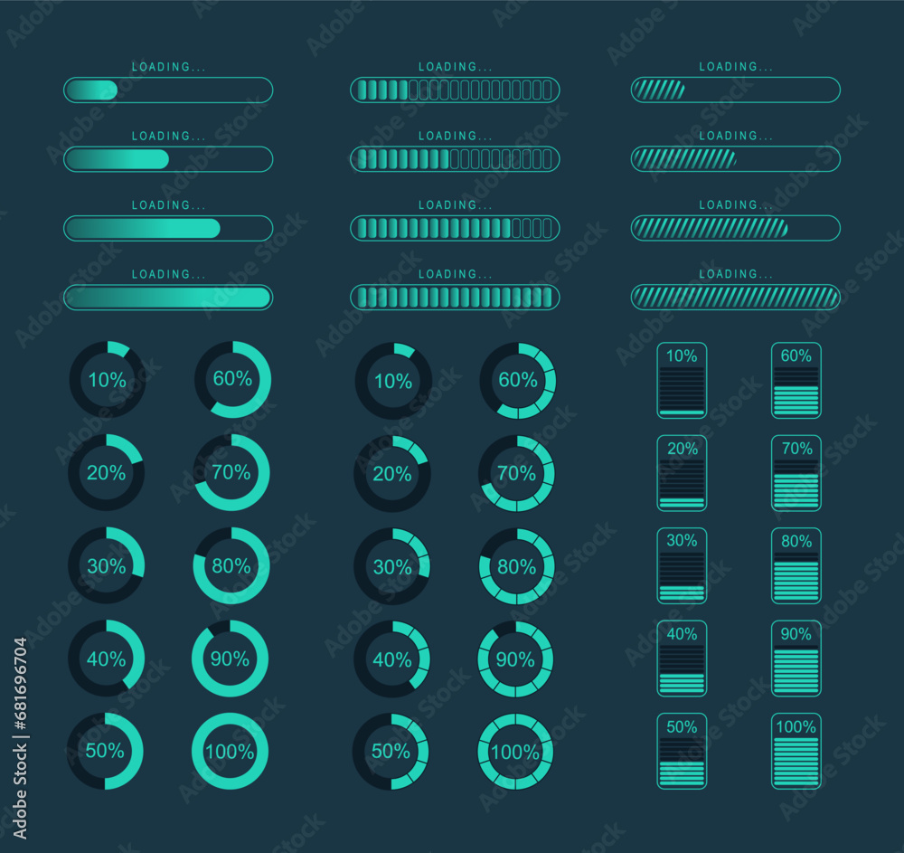 Progress loading bar. Set of indicators. Download progress.Load ...