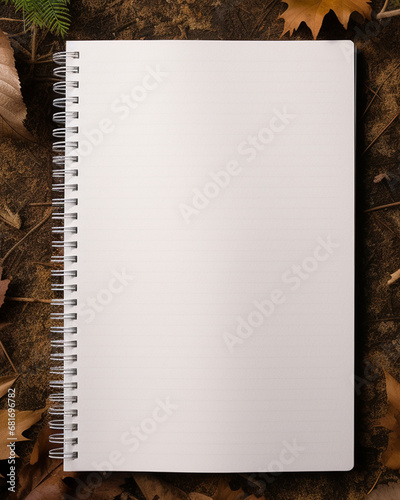 An image of a blank, lined spiral notebook lying flat on a surface covered with various autumn leaves. The leaves are in shades of brown, yellow, and red, suggesting a fall setting. Some of the leaves
