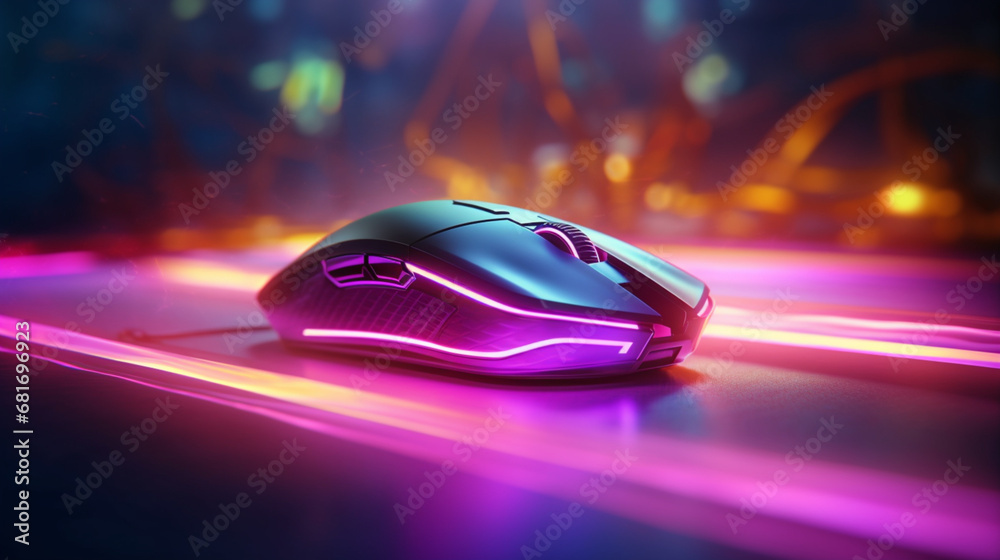 Une souris d'ordinateur chromé avec des néons, led intégrés de couleur rose. Technologie, ordinateur, travail. Pour conception et création graphique - obrazy, fototapety, plakaty 