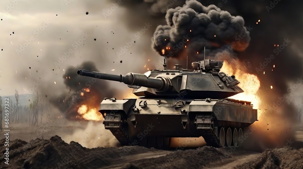 Military Tank in Action on Battlefield with Explosions and Smoke