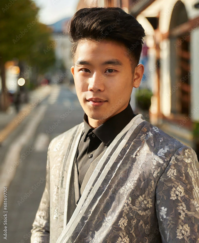 Fototapeta premium Portrait of asian handsome brunette fiancee wearing elegant formal suit at his marriage wedding celebration, looking at camera closeup photography