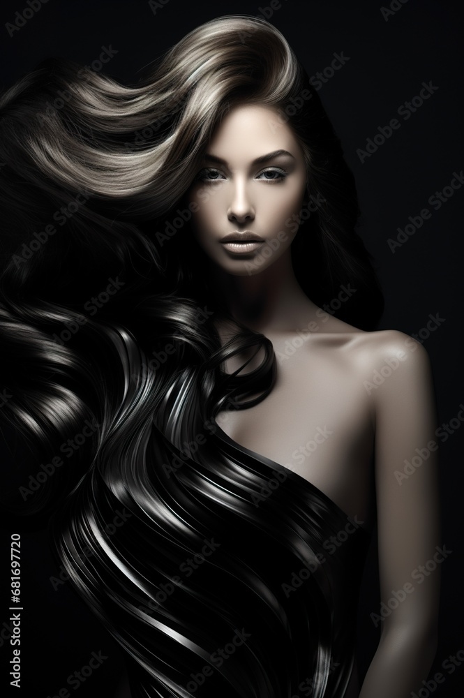 Naklejka premium beautiful woman with stylish shiny hair, fashionable female with wavy stylish haircut, shampoo ads concept