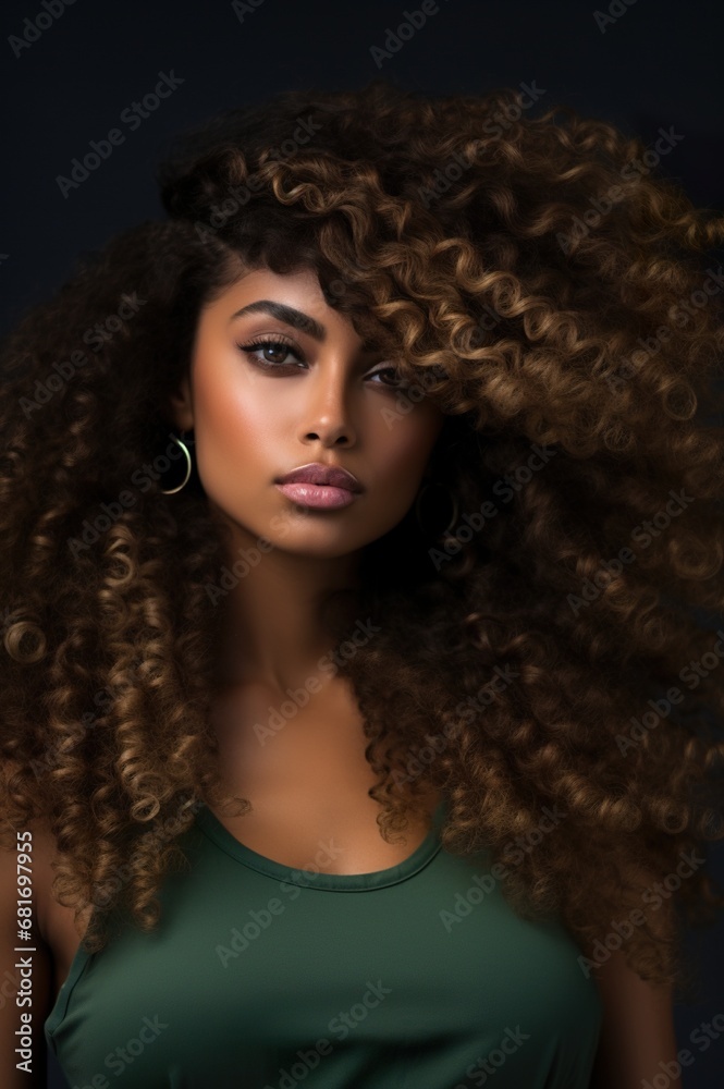beautiful curly latina woman with stylish hair, attractive brazilian or black african american female with elegant hairstyle