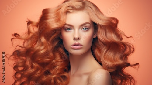 beautiful redhead woman with stylish shiny hair, fashionable female with wavy stylish haircut, shampoo ads concept