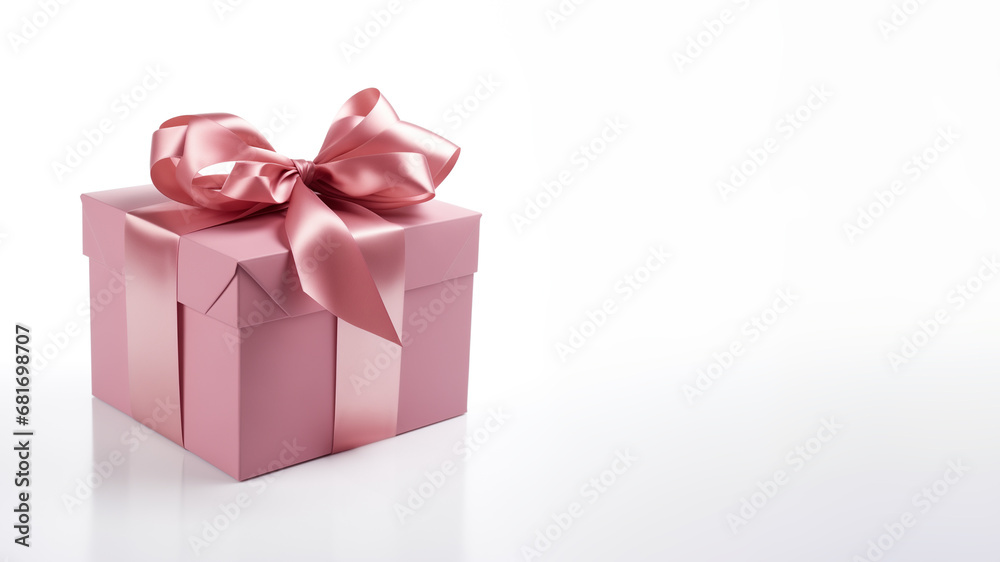 Pink gift box - pink ribbon - white background - copy space to the right Pink gift box - pink ribbon - white background - copy space to the right
