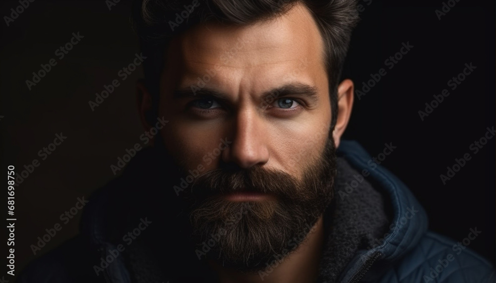 Confident young man with beard exudes masculinity in close up generated by AI