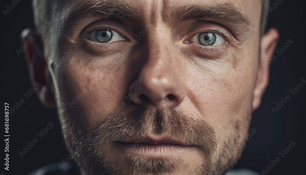 Obraz premium Serious young adult businessman staring at camera with blank expression generated by AI